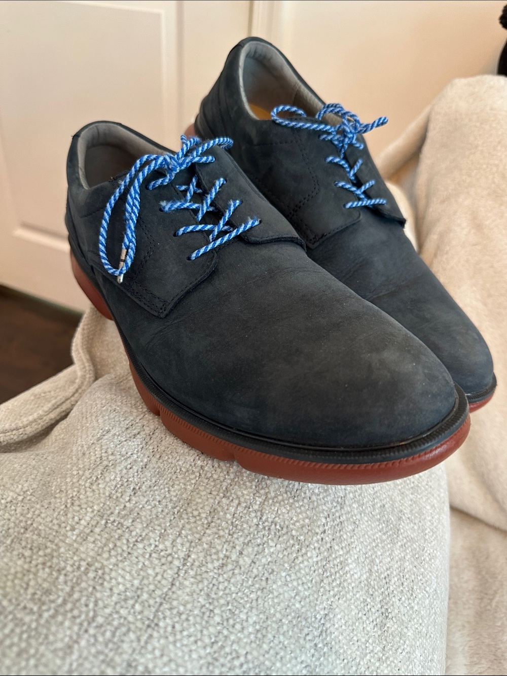 Johnston & Murphy Navy Suede Derby Shoes with Blue Laces